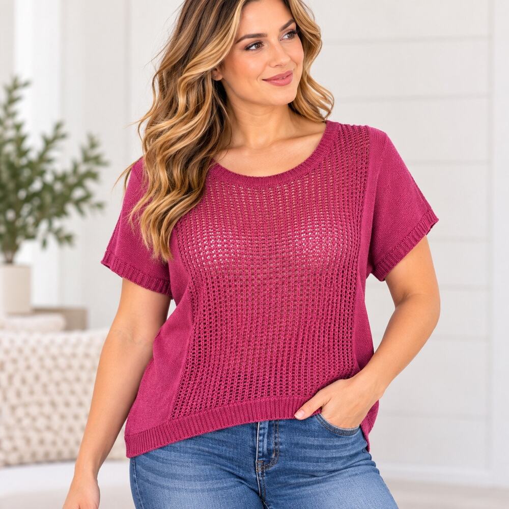 ana Pink Magenta Open Knit Crochet Short Sleeve Light Sweater Pullover Top Large